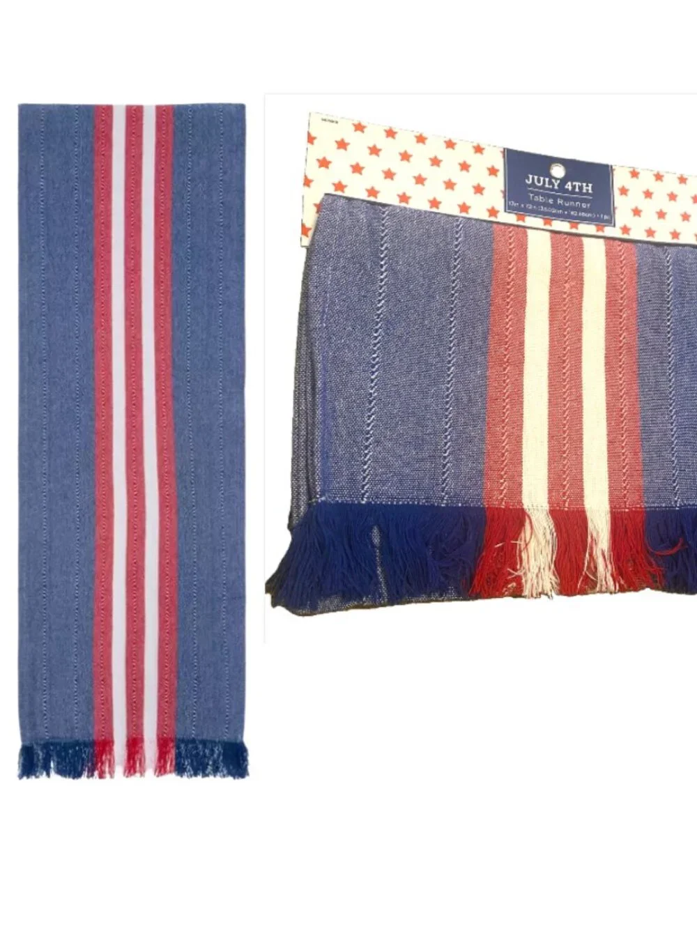 Stripes Table Runner Woven Red White Blue Fringe Hem 72 inch